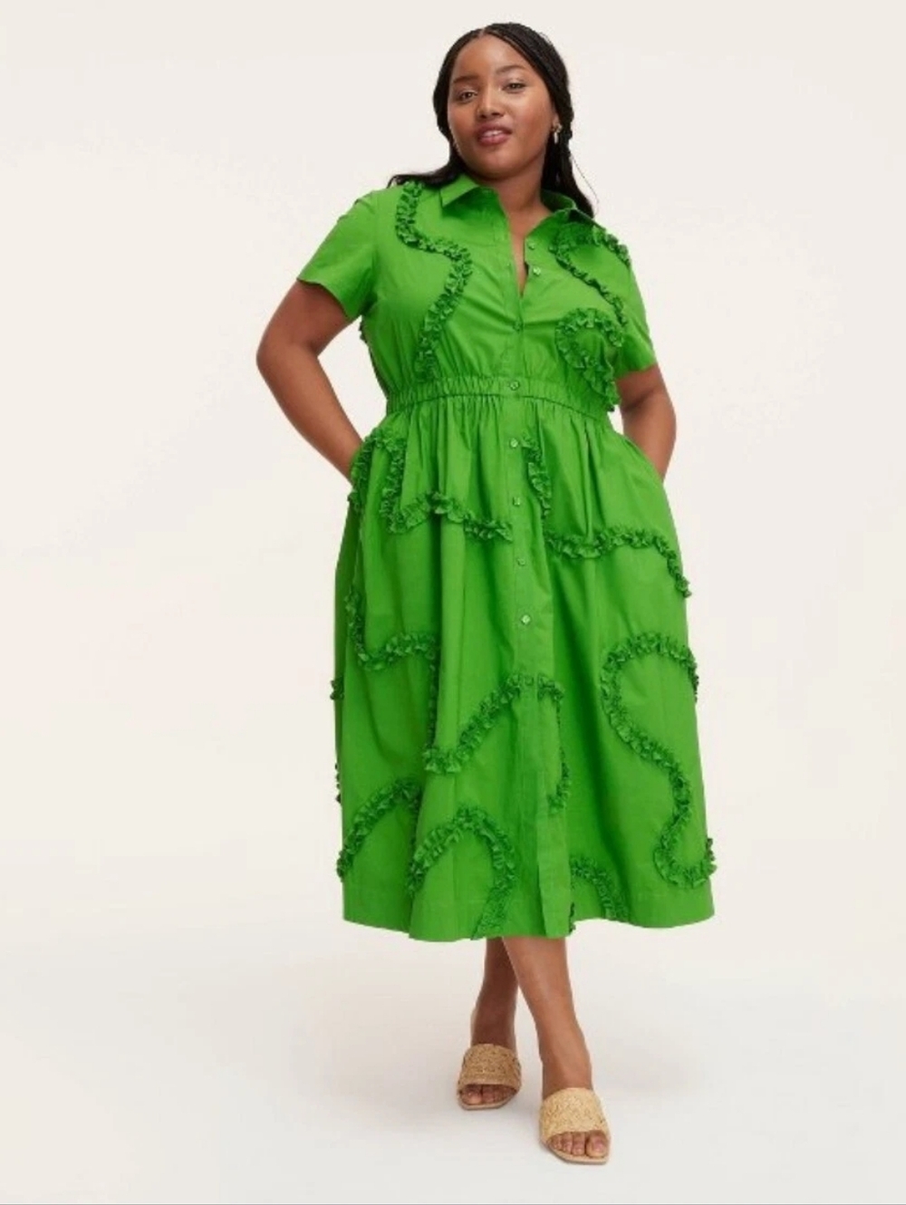 Green Ruffle-Trim Midi Shirt Dress